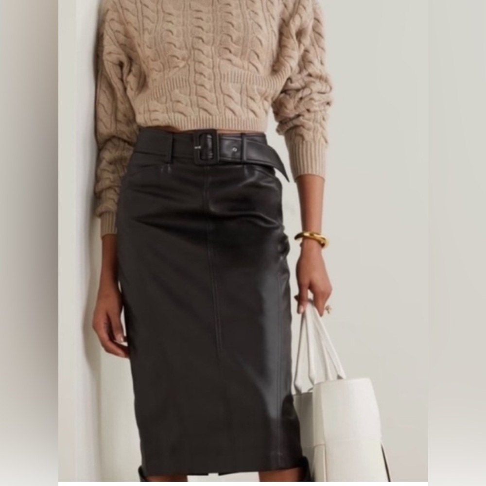 Theory Bedford Faux Leather Sophisticated Black Seam Midi Pencil Skirt Size:4